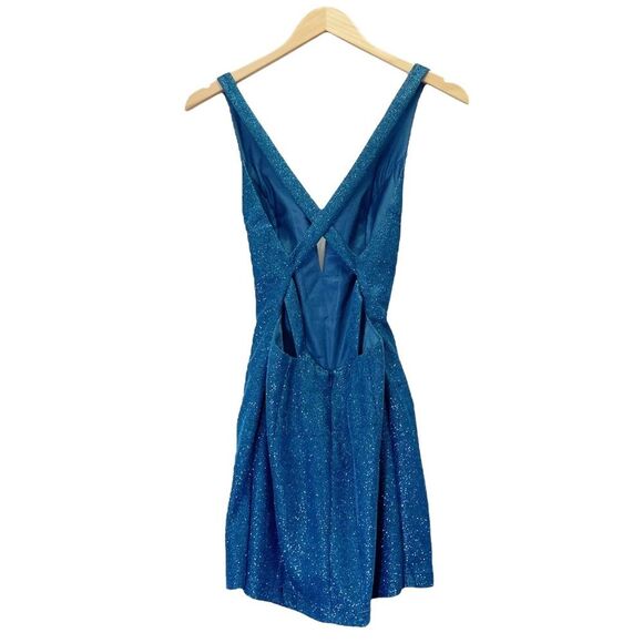 Alyce Paris Mini Dress Size 4 Shimmer Blue Sparkle Cross Strap Open Back #4180 - Picture 3 of 13